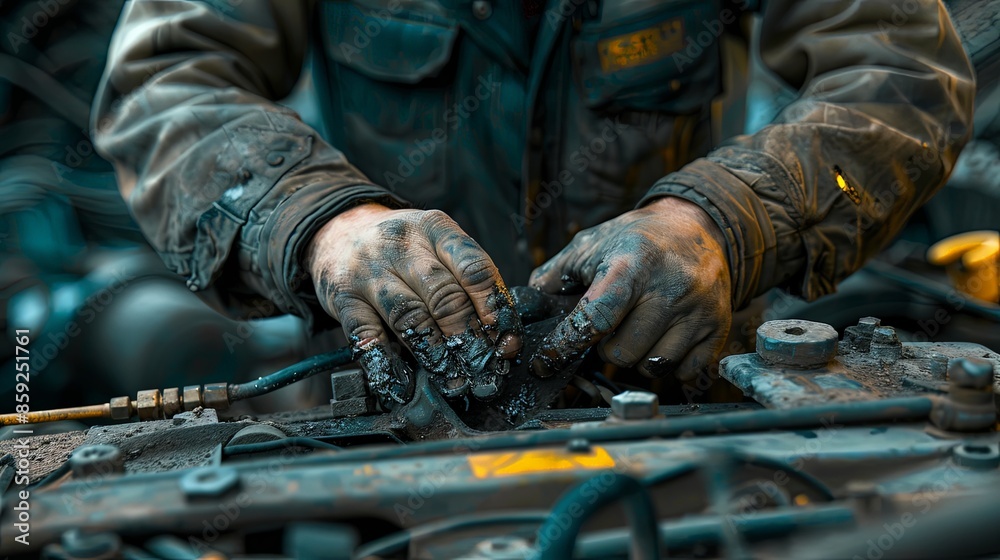A mechanic in a faded jacket works on a dirty engine, hands covered in grease and dirt, with focus and determination to repair it. Sparks of effort and grit visible. A mechanic in a faded jacket works on a dirty engine, hands covered in grease and dirt, with focus and determination to repair it. Sparks of effort and grit visible.