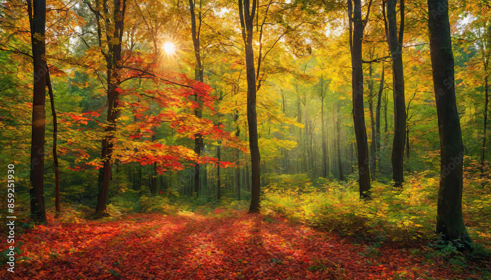 Obraz premium Autumn forest landscape, orange golden foliage, fall wallpaper