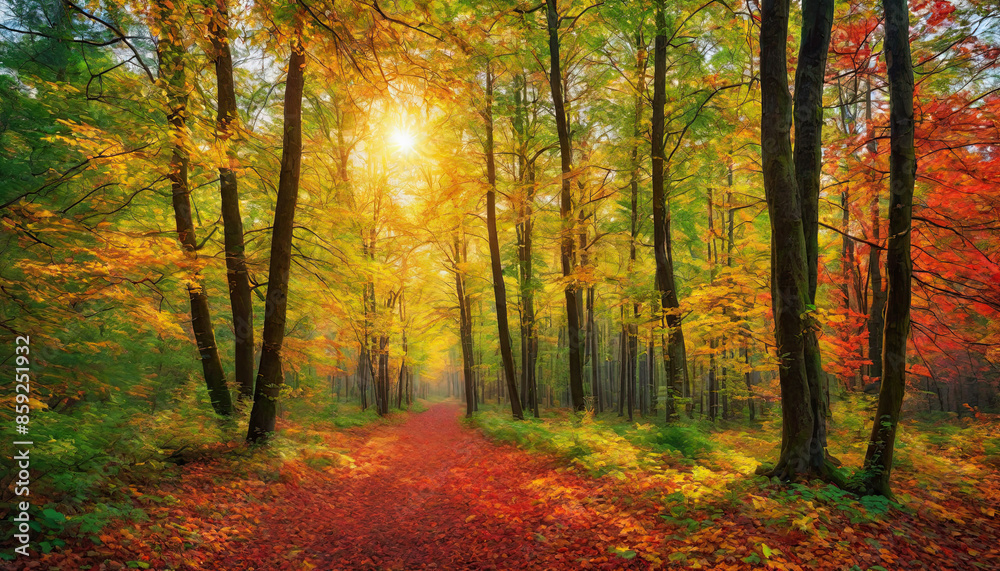 Obraz premium Autumn forest landscape, orange golden foliage, fall wallpaper