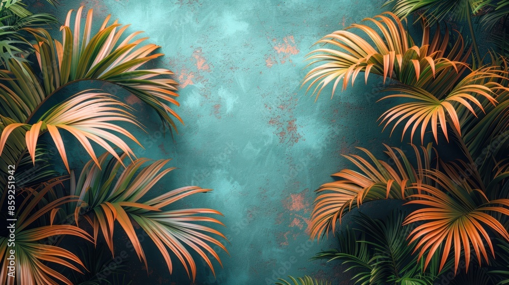 Lush palm fronds frame a turquoise wall Lush palm fronds frame a turquoise wall