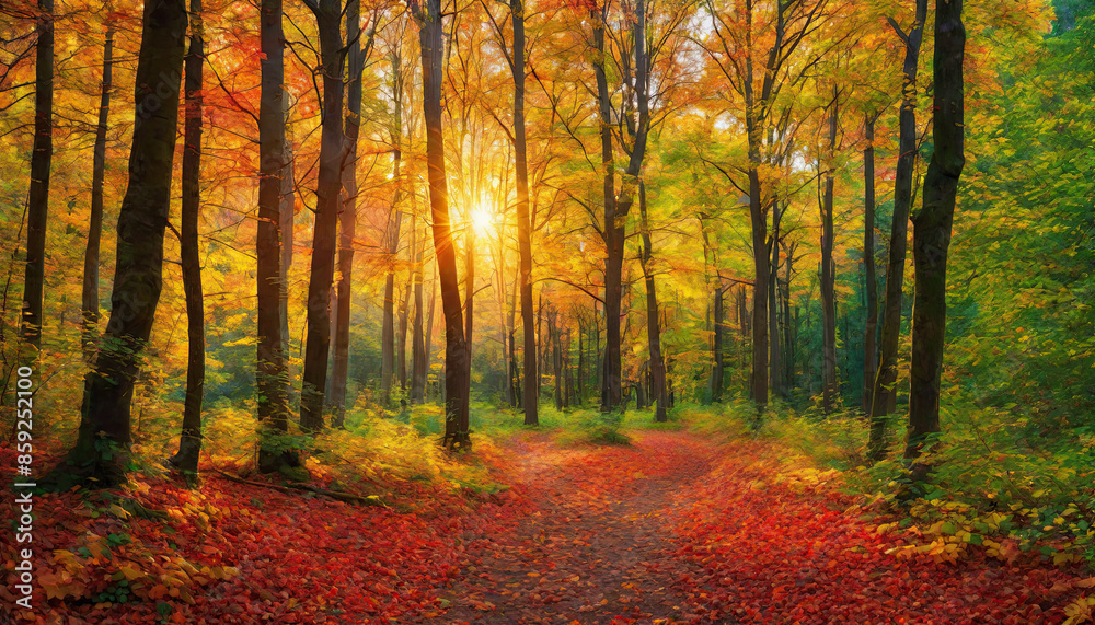 Obraz premium Autumn forest landscape, orange golden foliage, fall wallpaper