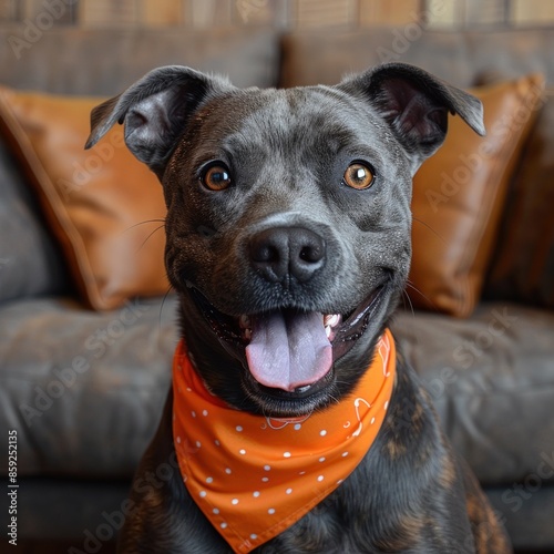 A blue pit bull dog smiles happily while wearing a polka dot bandana photo