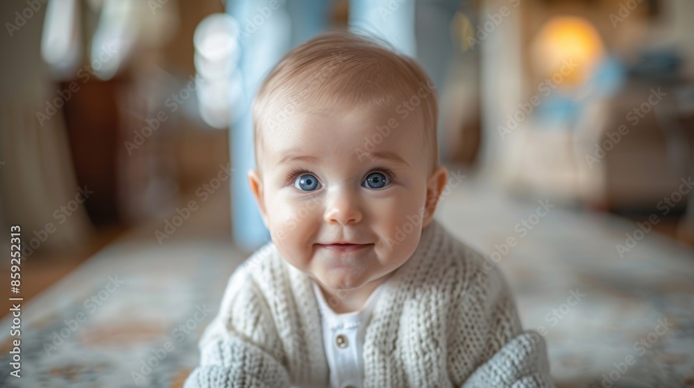A baby with blue eyes gazes at camera, hint of smile A baby with blue eyes gazes at camera, hint of smile