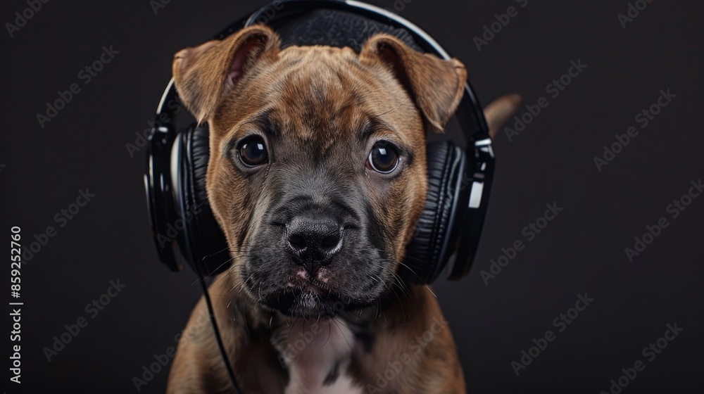 Staffordshire terrier puppy wearing headphones loves music in a studio photoshoot Staffordshire terrier puppy wearing headphones loves music in a studio photoshoot