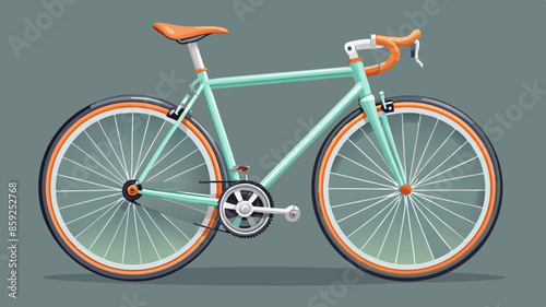A mint green and orange fixed gear bicycle with a white frame, orange wheels, and a white saddle against a gray background