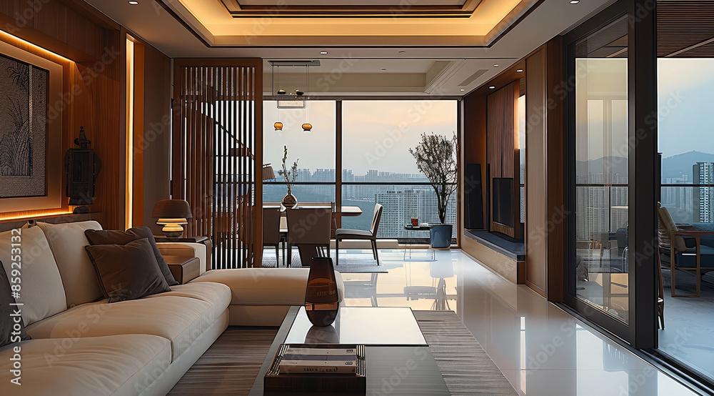 The living room is decorated in a new Chinese style, set in a high-rise environment with a design-oriented aesthetic. Elements include sofas, dining tables, and coffee tables. Generative AI. The living room is decorated in a new Chinese style, set in a high-rise environment with a design-oriented aesthetic. Elements include sofas, dining tables, and coffee tables. Generative AI.