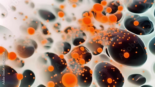Close up footage of biological cells or molecules in vibrant colors, showcasing intricate patterns and structures in science illustration.