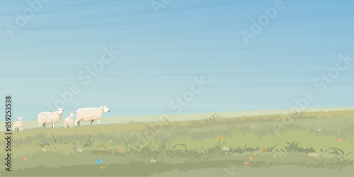 Minimalist landscape grass hill with sheep family side view graphic illustrated have blank space.