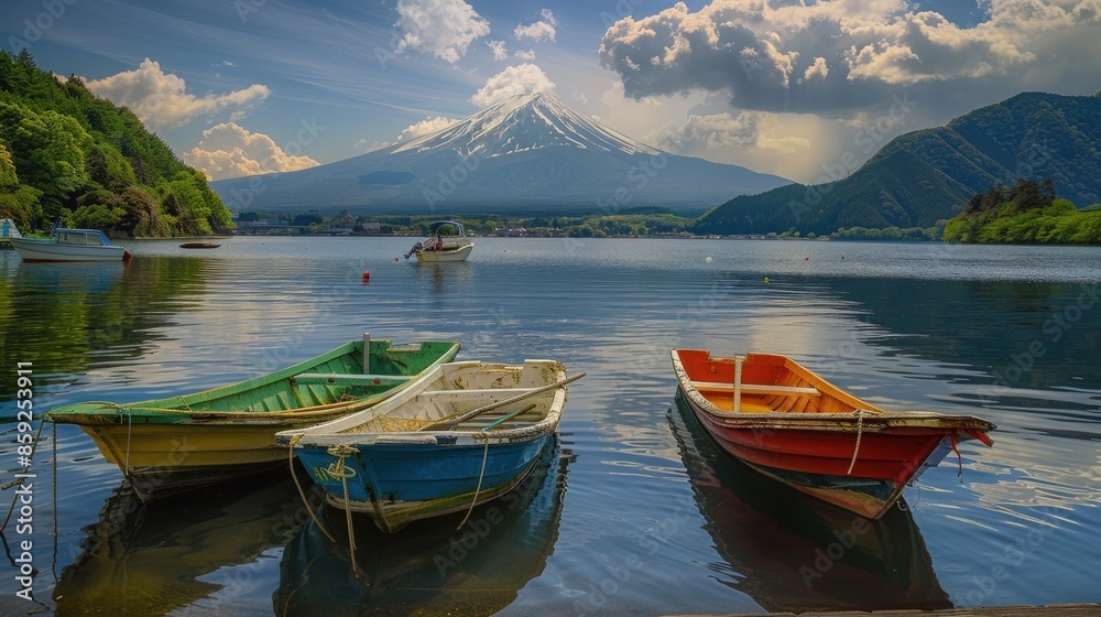 Lake Kawaguchi Boating Boats on Lake Kawaguchi with a clear view of Mt Fuji