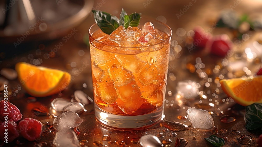 A glass of iced cocktail with orange and mint garnish A glass of iced cocktail with orange and mint garnish