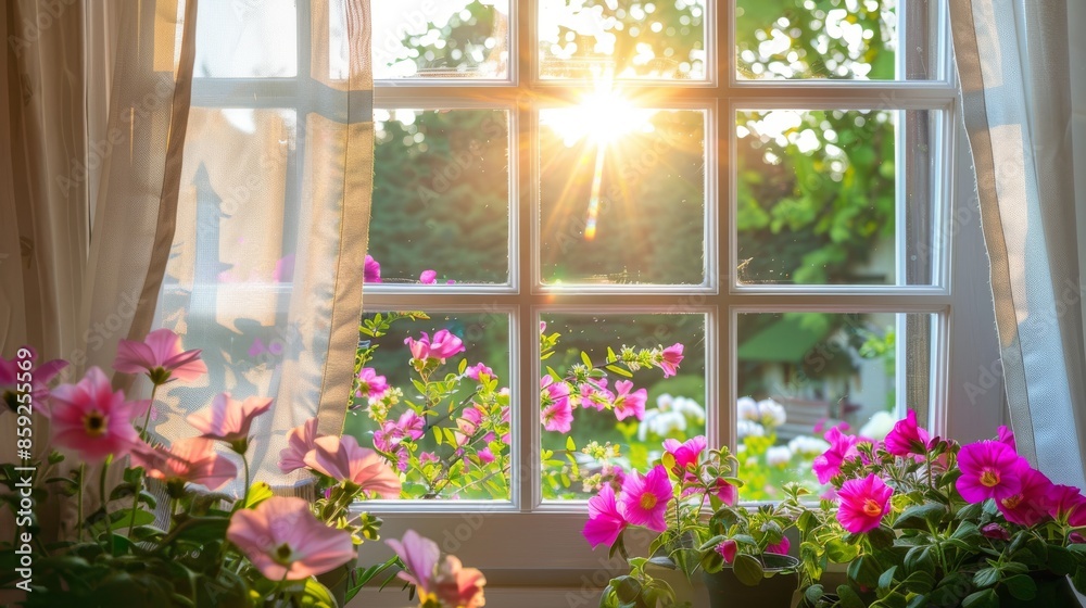 Sunlit Flower Garden Through Window with Morning Light and Blooming Pink Flowers Sunlit Flower Garden Through Window with Morning Light and Blooming Pink Flowers