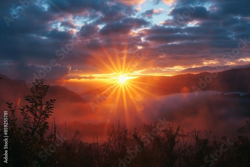 A brilliant burst of fiery light emerging from the clouds at twilight