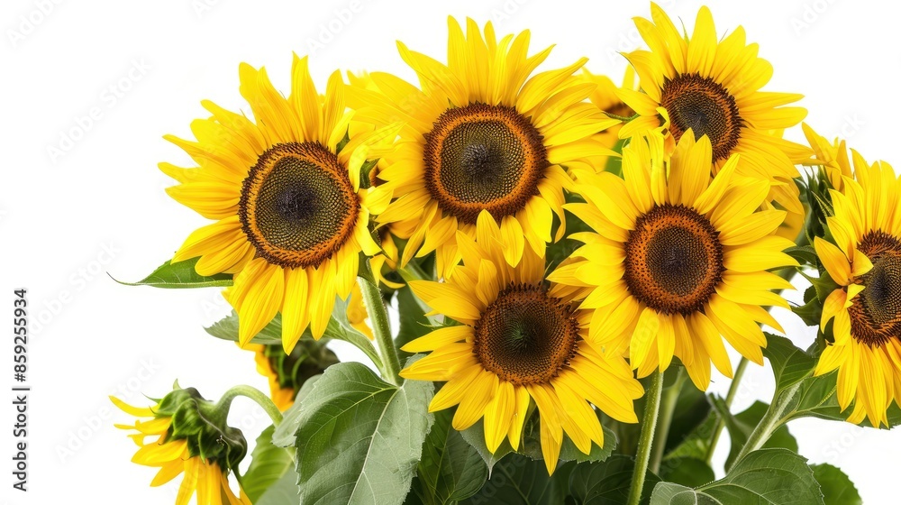 Fototapeta premium Sunflower bouquet against a white background, radiating warmth and cheerfulness.