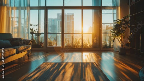 Modern City Apartment with Sunlit Living Room and Large Windows Overlooking Cityscape at Sunrise