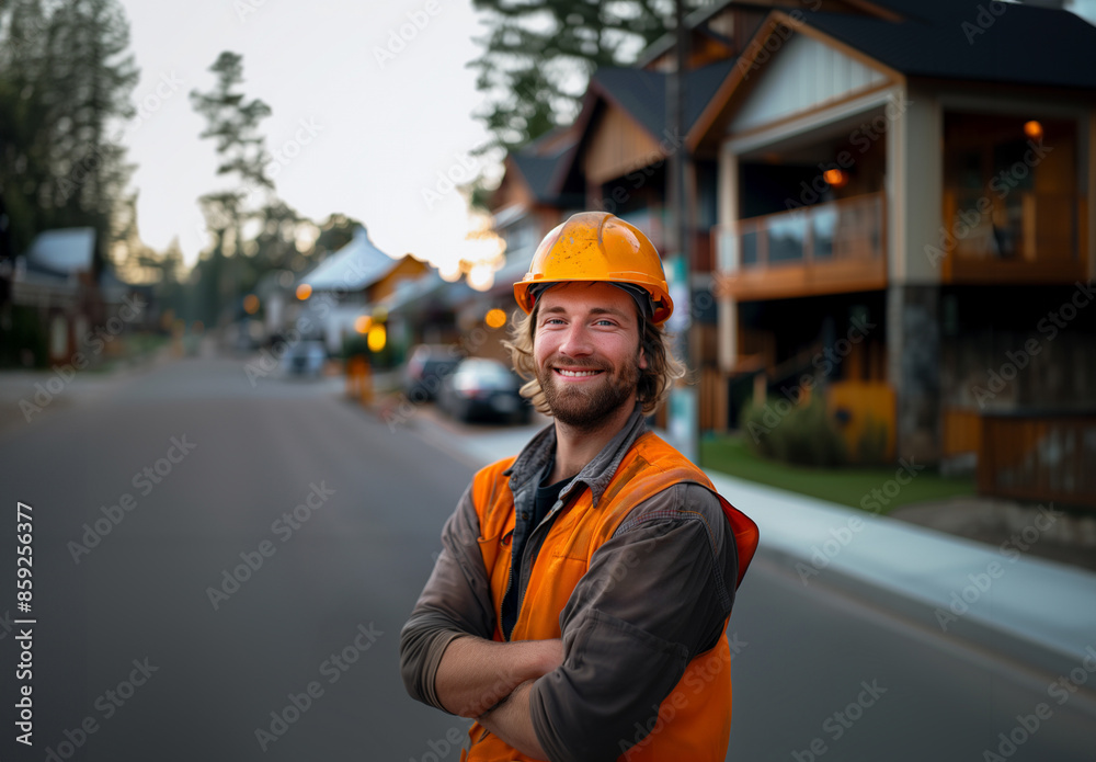 A construction worker wearing safety gear is smiling on a residential street under daylight A construction worker wearing safety gear is smiling on a residential street under daylight