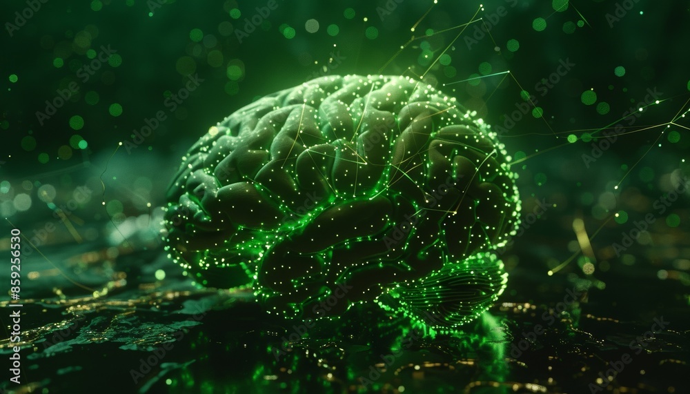 Digital Rendering of Human Brain with Green Neural Connections, Dark Background Digital Rendering of Human Brain with Green Neural Connections, Dark Background