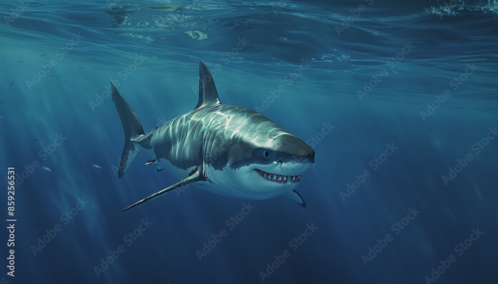 Naklejka premium Great White Shark Gliding Through Deep Blue Ocean Depths