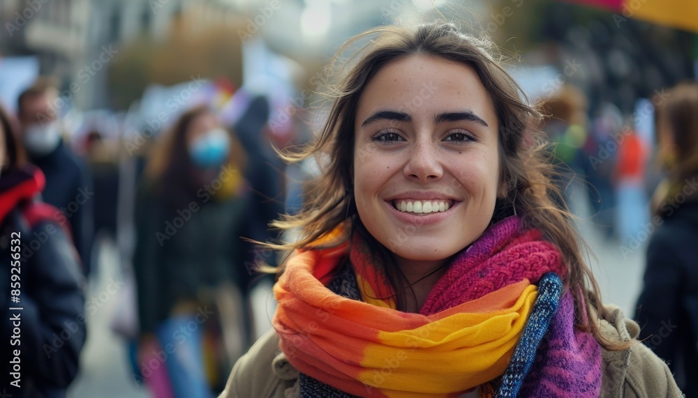 Fototapeta premium Smiling Woman Wearing Colorful Scarf Outdoors with People in Background, Students Protests
