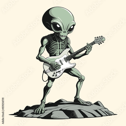 Alien Rockstar With Guitar Vintage Illustration