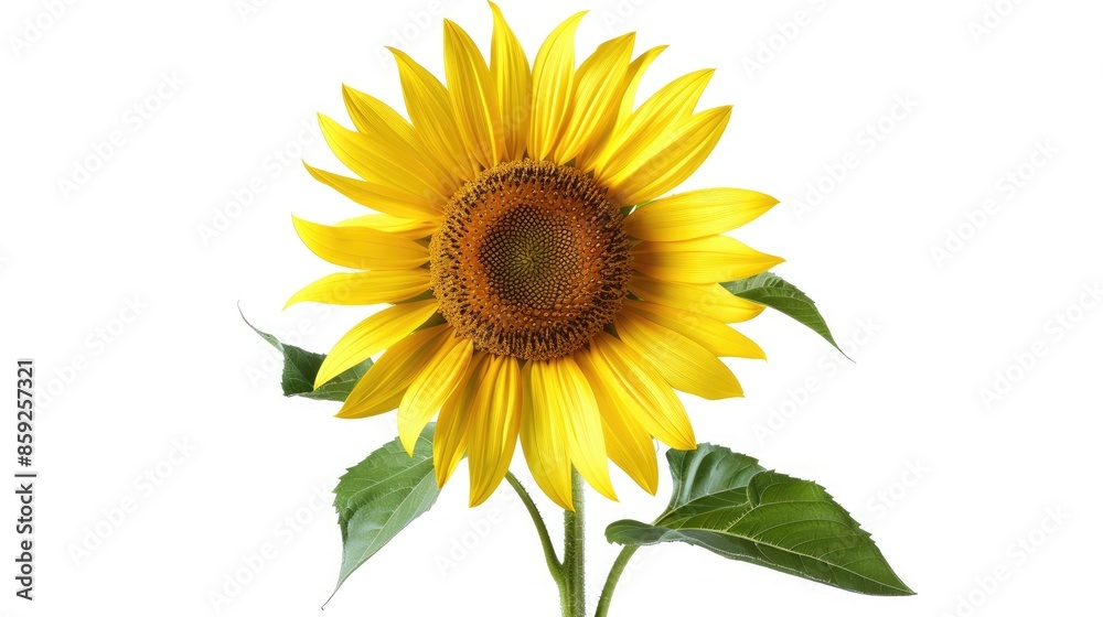 Fototapeta premium Single sunflower with detailed petals and a white background, highlighting its natural beauty.