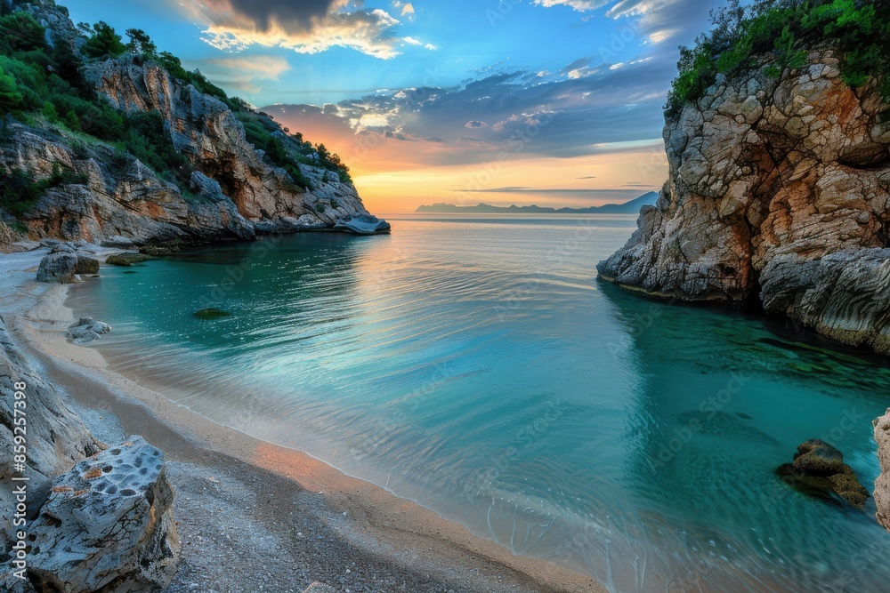 Tropical paradise awaits as the sun dips below the horizon, casting a warm glow on turquoise water lapping at a shore with smooth sand and dramatic rocks Tropical paradise awaits as the sun dips below the horizon, casting a warm glow on turquoise water lapping at a shore with smooth sand and dramatic rocks
