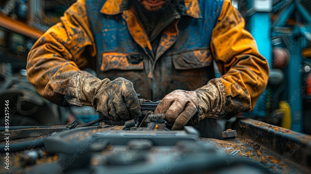 An experienced mechanic uses his greasy gloved hands to fix machinery, emphasizing the hands-on skill, labor, and dedication required for such precise work. An experienced mechanic uses his greasy gloved hands to fix machinery, emphasizing the hands-on skill, labor, and dedication required for such precise work.