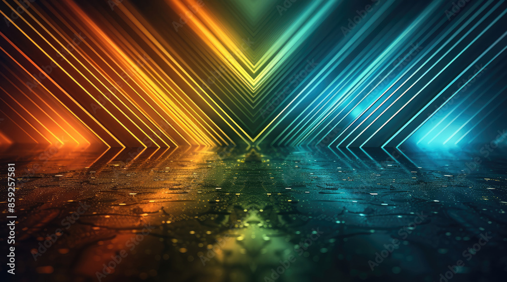 Abstract arrows direction inwards in green blue and yellow tones, studio futuristic background, 3d. Generative AI. Abstract arrows direction inwards in green blue and yellow tones, studio futuristic background, 3d. Generative AI.