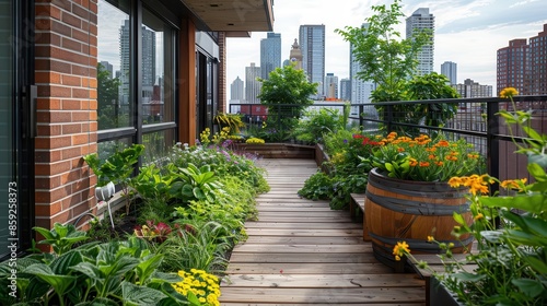 An urban rooftop garden bursting with lush plants and flowers photo