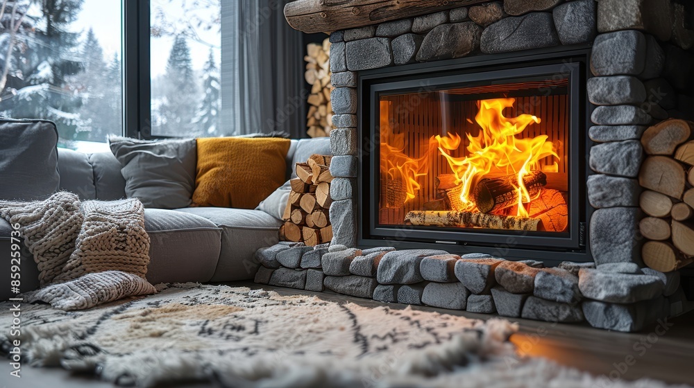 Charming rustic living room with a large stone fireplace, log storage, and a snow-covered winter view through the window, creating a cozy and warm atmosphere. Charming rustic living room with a large stone fireplace, log storage, and a snow-covered winter view through the window, creating a cozy and warm atmosphere.