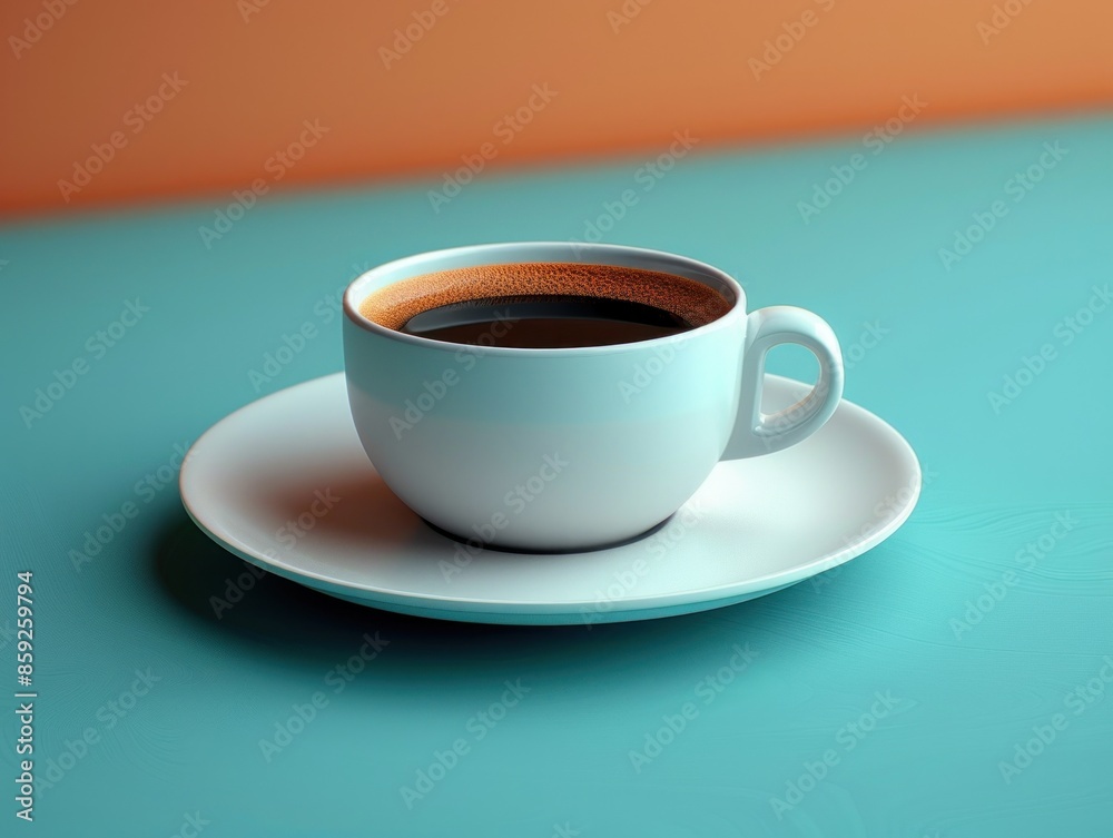 A white coffee cup filled with dark coffee on white saucer against teal background A white coffee cup filled with dark coffee on white saucer against teal background