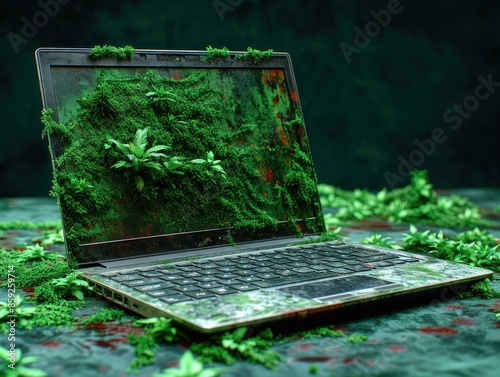 A laptop overgrown with moss and foliage, abandoned in a lush, verdant environment photo