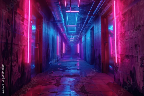 futuristic cyberpunk hallway with neon lights and grungy textures dystopian scifi concept