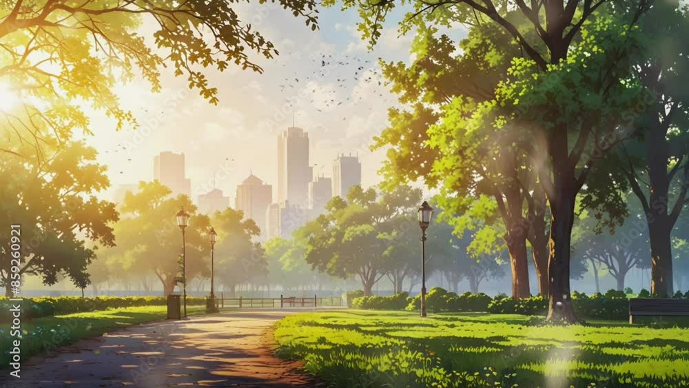 street atmosphere in the park with a city background, smooth 4K looping virtual video animation background