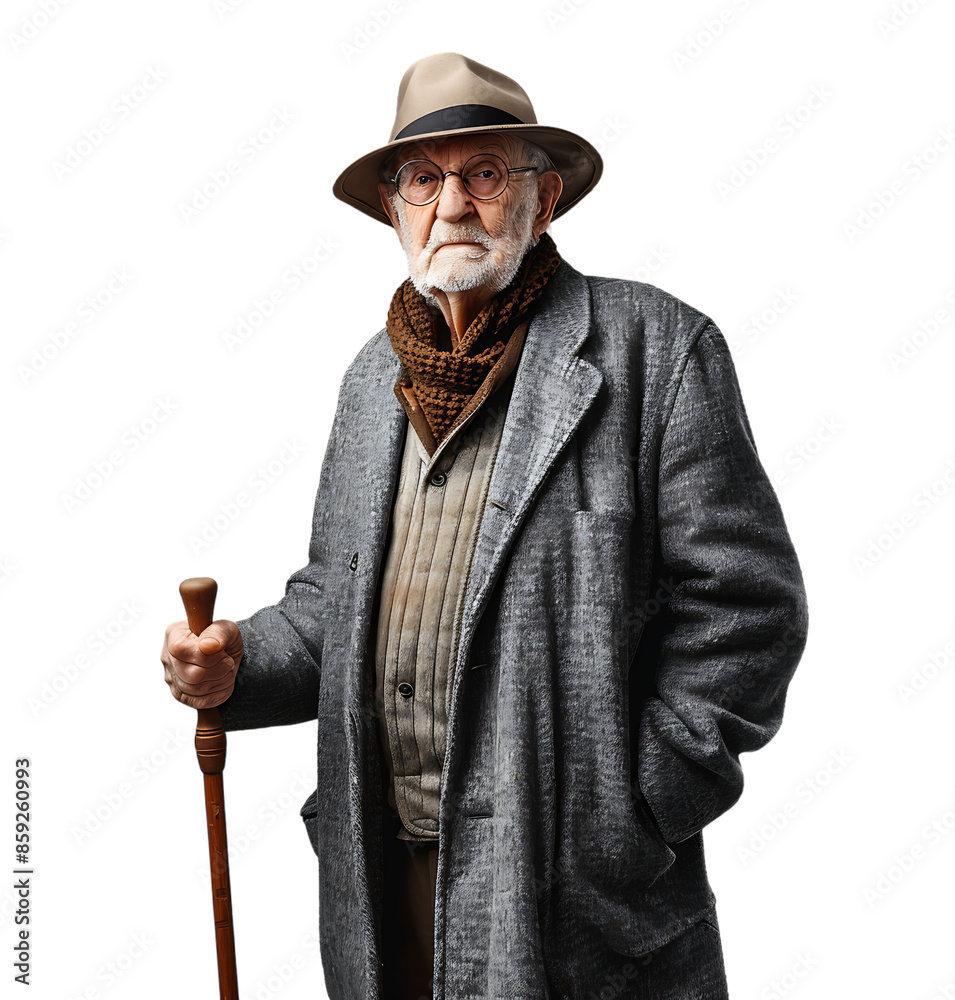 An old man with a cane and a hat on it on isolated transparent background An old man with a cane and a hat on it on isolated transparent background