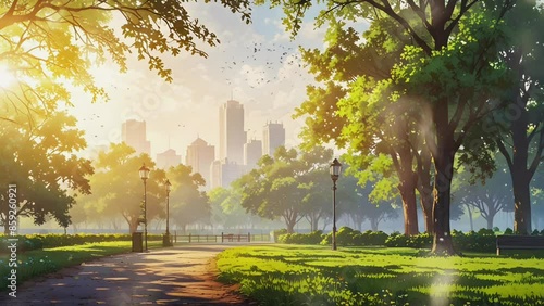 street atmosphere in the park with a city background, smooth 4K looping virtual video animation background
