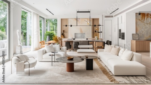 An elegant and modern living room design with a white canvas backdrop, Asymmetrically arranged minimalist furniture, Minimalist contemporary style © Plumm