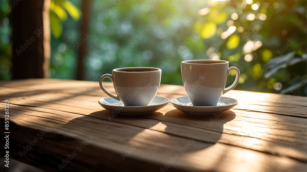 Hot coffee mug on wooden table Natural atmosphere, soft sunlight Hot coffee mug on wooden table Natural atmosphere, soft sunlight