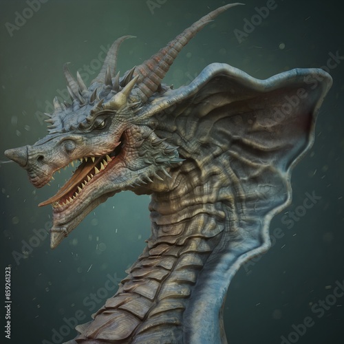 A detailed and fierce-looking dragon with rugged scales, sharp teeth, and horns, set against a moody, dark background. The dragon has a menacing expression with intricate textures on its skin.