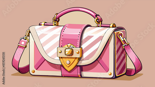 A pink and white leather handbag with gold hardware, a structured rectangular shape, and a detachable shoulder strap