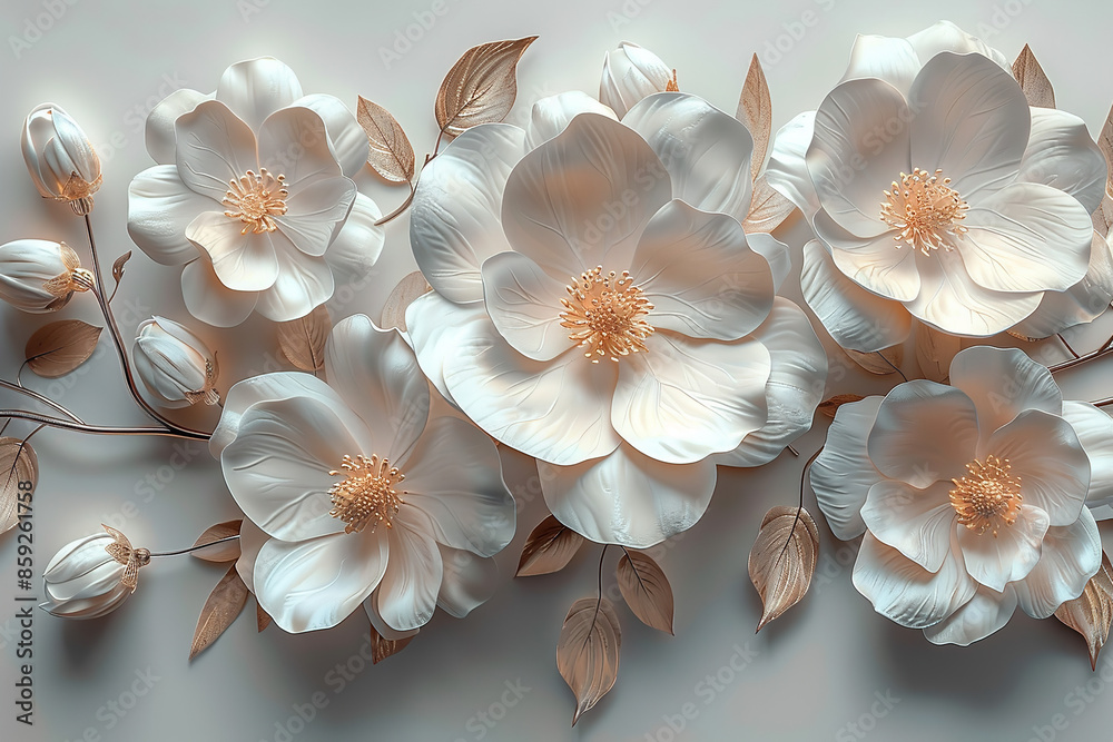 3D mural illustration with a white and blue background, adorned with golden jewelry and flowers. 3D mural illustration with a white and blue background, adorned with golden jewelry and flowers.