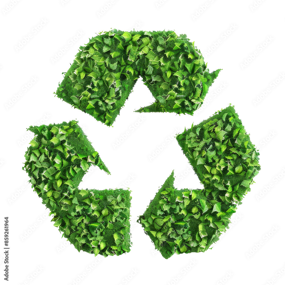 Green recycle symbol made of leaves representing environmental conservation and recycling clipart on transparent background Green recycle symbol made of leaves representing environmental conservation and recycling clipart on transparent background