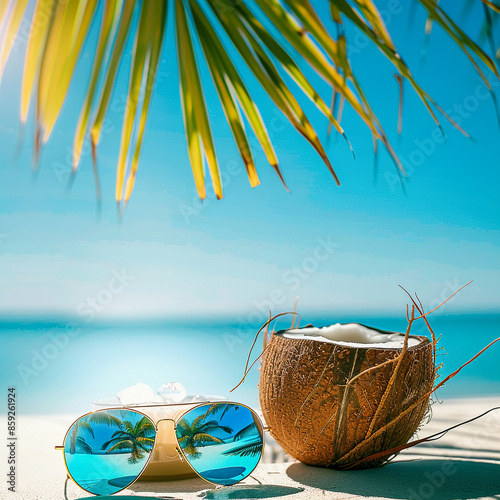 Reflective sunglasses on a sunlit tropical beach, with a cocktail in a coconut and palm leaves overhead, sky clear and bluebright tone photo