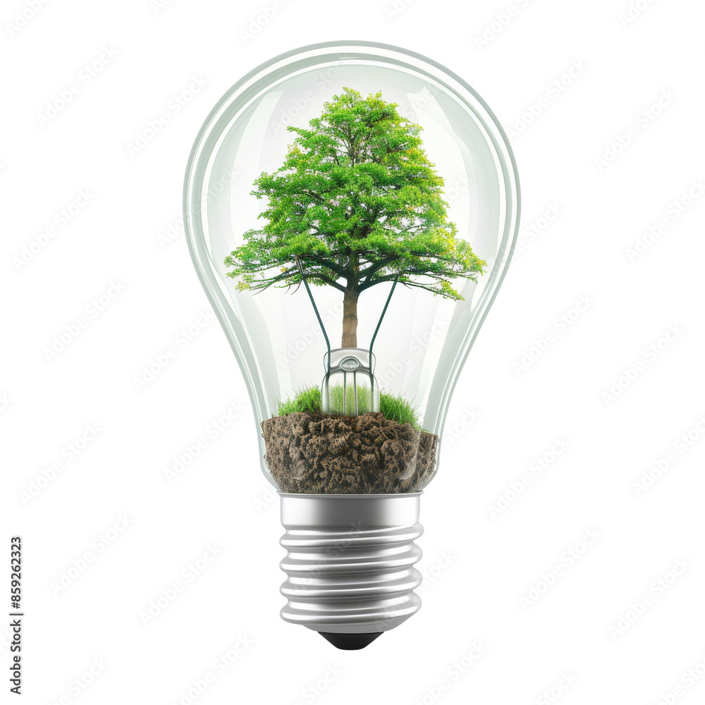 Small tree growing inside a lightbulb symbolizing green energy and environmental innovation clipart on transparent background