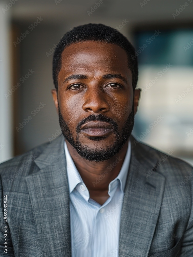 A man in a grey suit stares directly at the camera A man in a grey suit stares directly at the camera