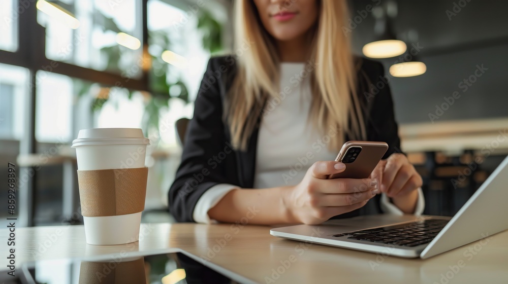 businesswoman using mobile phone and laptop in office with coffee on table businesswoman using mobile phone and laptop in office with coffee on table