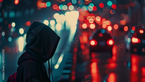 A side view of a person wearing a hoodle is seen on a road at night with passing autos. photo