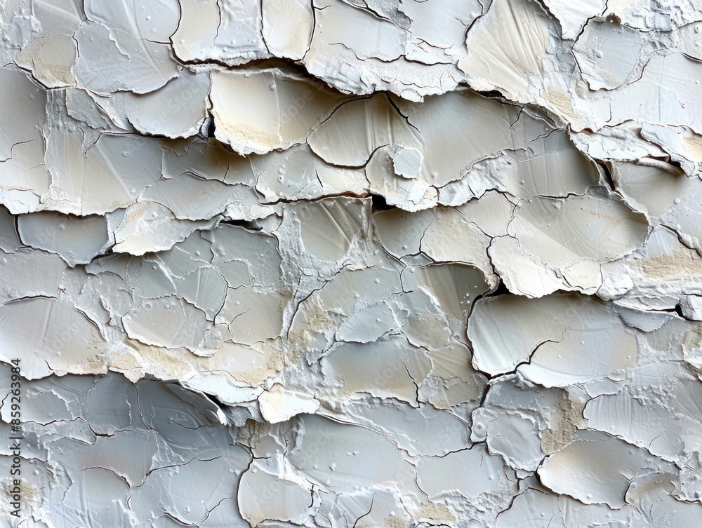 A close-up of cracked white paint on a wall