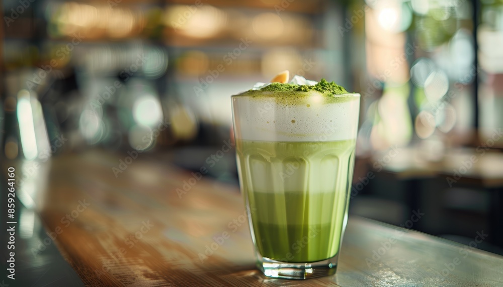 A beautifully layered matcha latte with frothy milk, served in a clear glass on a wooden table at a cozy cafe. A beautifully layered matcha latte with frothy milk, served in a clear glass on a wooden table at a cozy cafe.