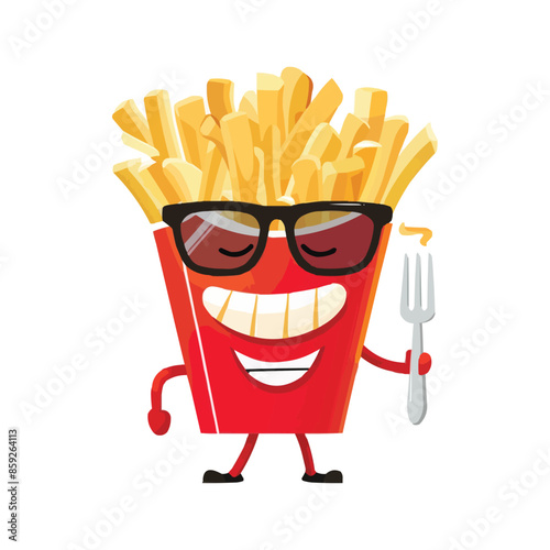 A cool red French fries character with sunglasses holding up a Spoon