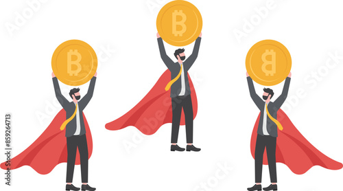 Concept Funny superhero businessman flying hold Bitcoin

